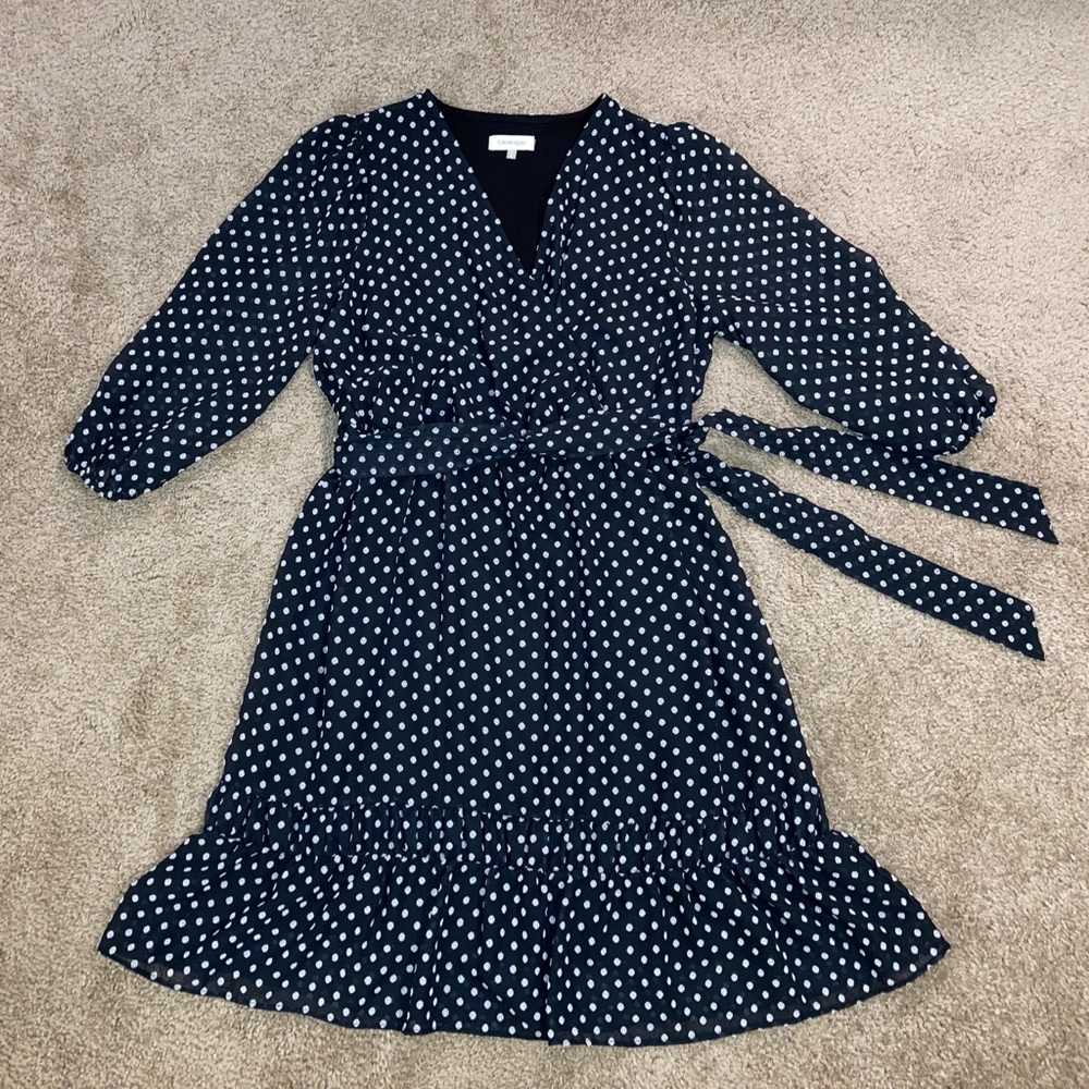 Calvin Klein Faux Wrap Ruffle Dress 3/4 Sleeve